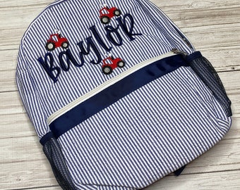 Personalized Tractor Backpack: Navy Seersucker Toddler Book Bag