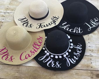 Personalized Floppy Beach Hat, Embroidered Sun Hat, Gift for Bride Bridesmaids, Custom Hat, Beach Hat, Honeymoon, Bridal Shower, Mrs. hat