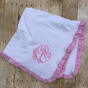 Monogrammed Baby Blanket, Ruffle Pink Seersucker Receiving Blanket, Minky Ruffle Blanket, Baby Shower Gift, New Baby Gift, Keepsake