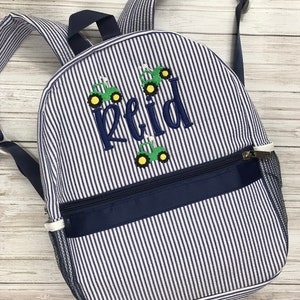 Personalized Tractor Backpack, Full sized Book Bag, Diaper Bag, Navy Seersucker Baby Backpack