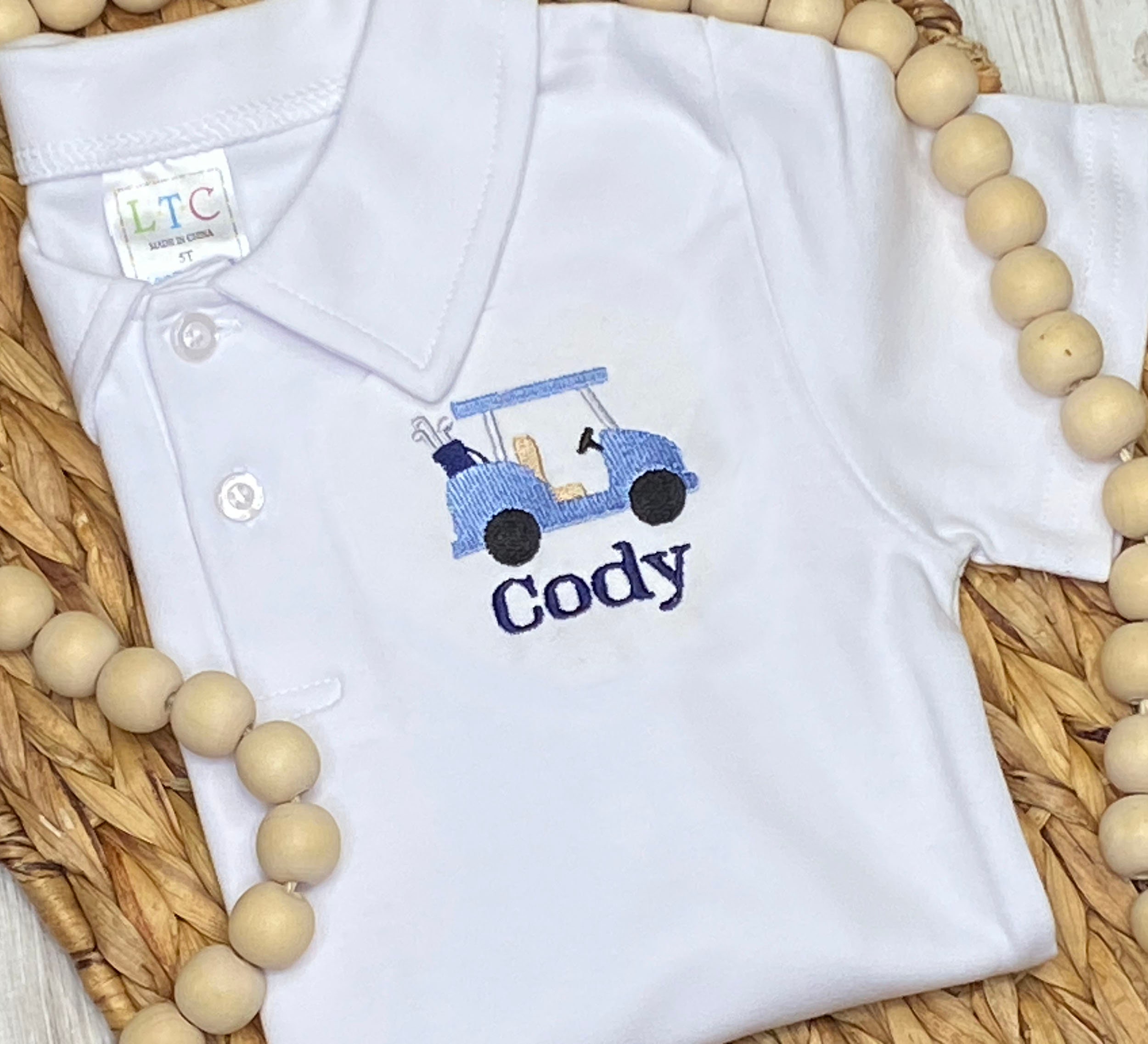 Personalized Boys Golf Cart Polo Shirt: Embroidered Collar