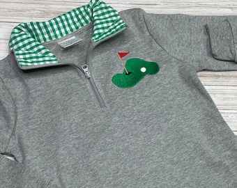 Personalized Boys Golf Pullover: Green Gingham Trim Quarter Zip