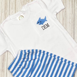 Personalized Boys Shark Outfit: Embroidered Shirt & Striped Shorts