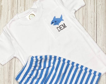 Personalized Boys Shark Outfit: Embroidered Shirt & Striped Shorts