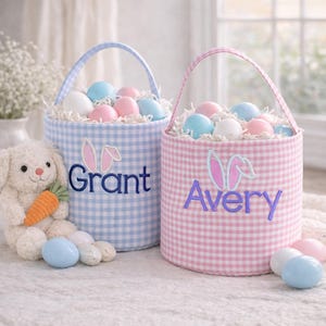 Personalized Gingham Easter Basket | Embroidered Bunny Ears