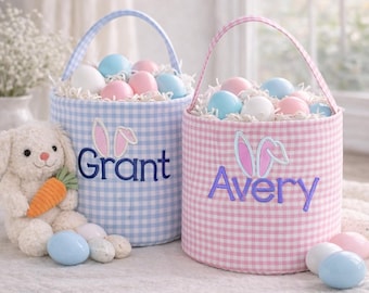 Personalized Gingham Easter Basket | Embroidered Bunny Ears