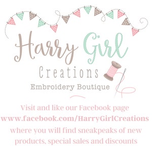 May include: A logo for Harry Girl Creations, an embroidery boutique. The logo features a stylized cursive font with the text "Harry Girl Creations" and a small illustration of a spool of thread and needle. The text "Embroidery Boutique" is below the logo. The logo is surrounded by a garland of pink and green flags.