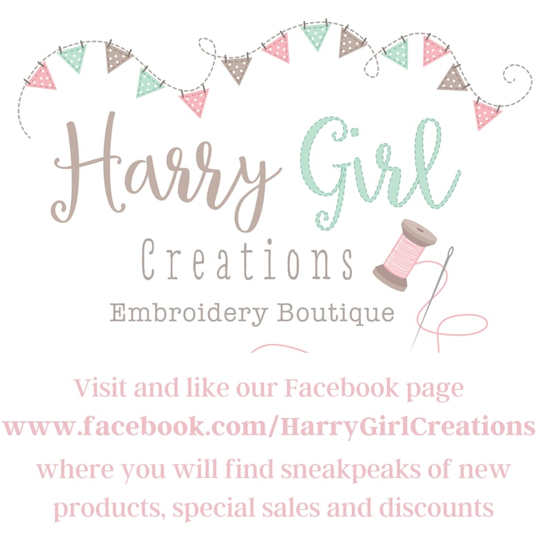 May include: A logo for Harry Girl Creations, an embroidery boutique. The logo features a stylized cursive font with the text "Harry Girl Creations" and a small illustration of a spool of thread and needle. The text "Embroidery Boutique" is below the logo. The logo is surrounded by a garland of pink and green flags.