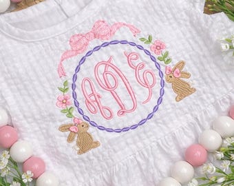 Personalized Easter Dress for Girls | Embroidered Bunny Monogram Dress | White Ruffle Toddler Dress | Seersucker Ruffle Dress