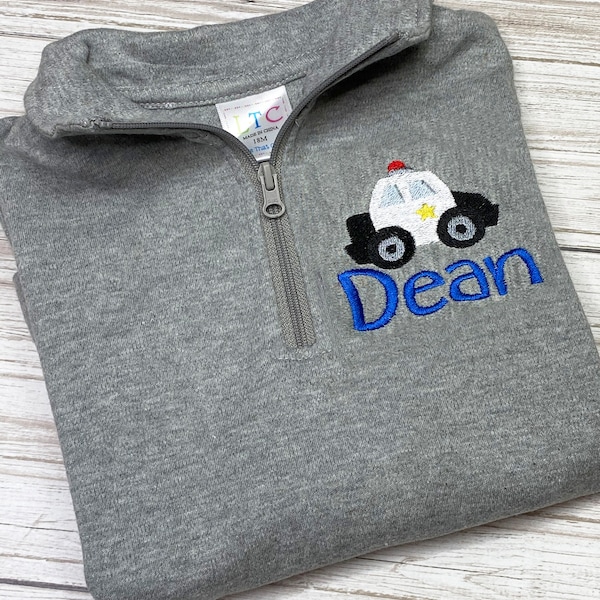 Personalized Boys Quarter Zip Pullover; Police Car Shirt for Boy; Birthday Gift for Boy; Toddler Pullover Jacket