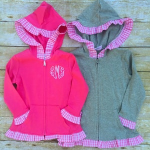Girls Monogram Ruffle Jacket / Full Zip Hooded Jacket / Gingham Trim Ruffled Jacket / Personalized Gift for Girl / Baby Toddler Hoodie