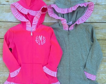 Girls Monogram Ruffle Jacket / Full Zip Hooded Jacket / Gingham Trim Ruffled Jacket / Personalized Gift for Girl / Baby Toddler Hoodie