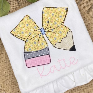 Personalized Girls Back To School Shirt: Appliqued Pencil Bow Ruffle Shirt