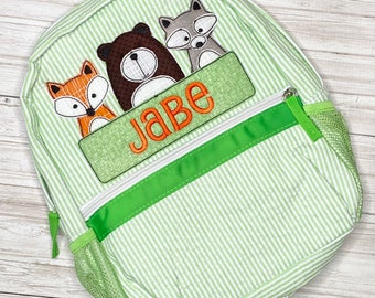 Personalized Woodland Backpack/ Full sized Book Bag / Diaper Bag / Seersucker Backpack / Preschool Bookbag / Gift for Boy