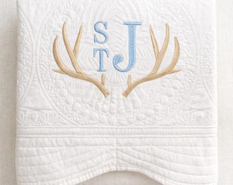 Personalized Baby Boy Quilt – Embroidered Antler Monogram, Woodland Nursery