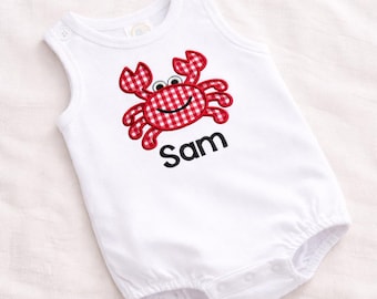 Personalized Baby Bubble Romper | Red Gingham Crab Applique | Nautical Summer Outfit