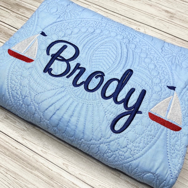 Personalized Nautical Baby Heirloom Quilt, Sailboat Theme Nursery Decor, Baby Shower Gift, Baby Keepsake