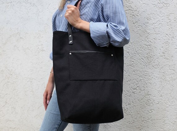 Black big shoulder bag, Tote canvas bag