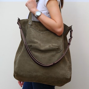 Big crossbody bag, Green suede bag