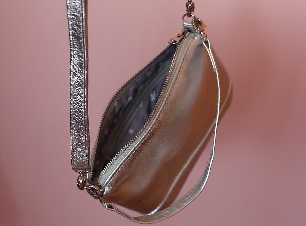 Silver Leather Small Crossbody Bag, Silver Evening Bag, Hand