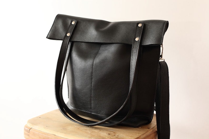 Black Foldover Leather Chrossbody Bag, Shoulder Bag, Hobo Leather Bag ...