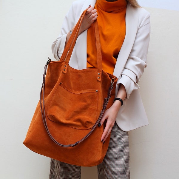 Suede  cognac shoulder big bag