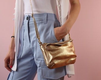 Small Gold Leather Bag, Evening Gold bag, Wedding Bag, Small Golld leather bag, Gold Wristlet Bag, Small hobo gold Bag