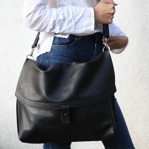 Big Black large soft leather messenger bag, Laptop bag