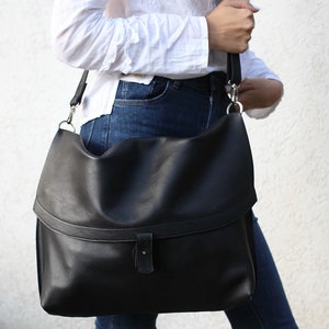 Grand sac messager en cuir souple noir Big Black, sac pour ordinateur portable