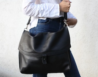 Big Black large soft leather messenger bag, Laptop bag