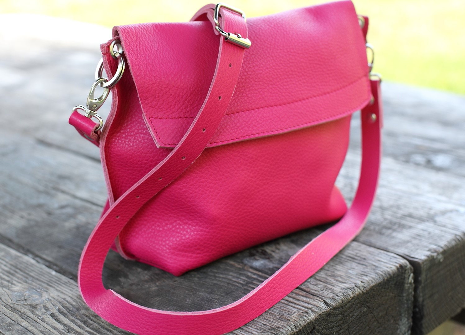 Small Leather Bag in Fuchsia Pink. Cross Body Bag Shoulder 