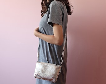 Silver Leather Small  crossbody Bag, Silver Evening Bag, hand bag, wistlet bag