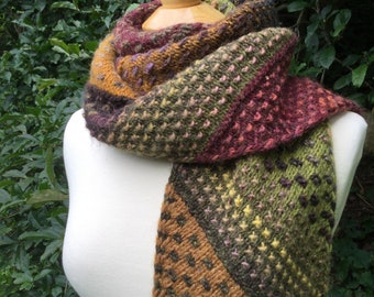 Crazy Quilt Scarf: PDF Knitting Pattern - Stash Buster - color work, slip stitch, knit flat, i-cord binding.