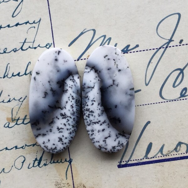 Dendritic Opal Cabochons - Matched Pair/Set - 2 Pcs - Oval - Black and White - 26.74mm