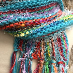 Ariel: DIY Knitting Kit Novelty Yarn Scarf - Fringed - Turquoise Wool and Assorted yarns - Beginner Pattern