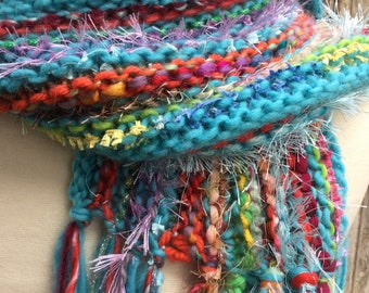 Ariel: DIY Knitting Kit Novelty Yarn Scarf - Fringed - Turquoise Wool and Assorted yarns - Beginner Pattern