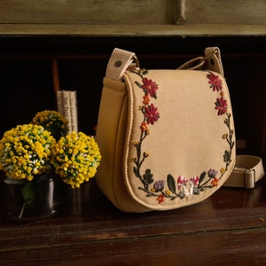 Hand Embroidered Mushroom floral cottage core style Satchel.