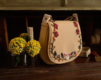 Hand Embroidered Mushroom floral cottage core style Satchel.