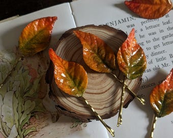 Hand made cottage core style autumn leaf gold hair pins set of 5