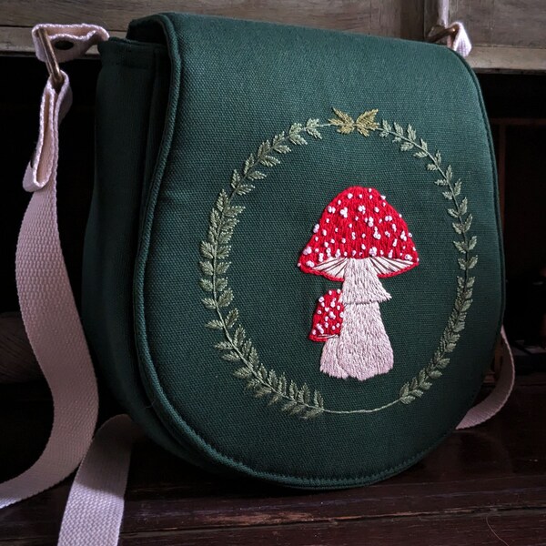 Hand Embroidered Mushroom Wreath Cottage Core style  Bag