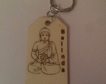 Personalised keyring, buddha design, wooden keyring, named keyring, perfect small gift, personalised engaraved wooden keyring,