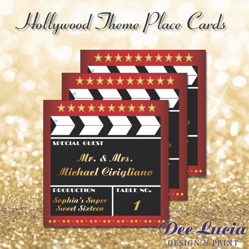 Hollywood theme place cards printed with guest name and table Etsy