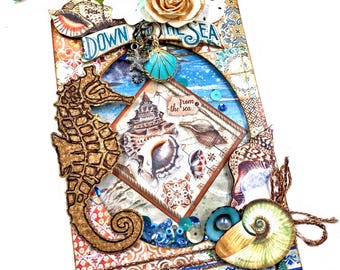 Mixed Media Beach Themed Shaker Tag with Seahorse, Pockets and Tags