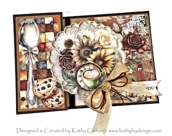Coffee and Fall Flowers Handmade Greeting Card with Hidden Pop Up Panel
