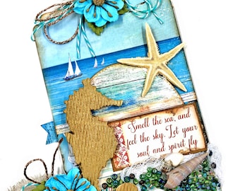 Seahorse and Starfish Beach Themed Mixed Media Tag Folio with real shells