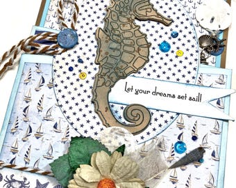 Unique Zig Zag Beach Themed Greeting Card with Seahorse Trim and Gift Card Wallet