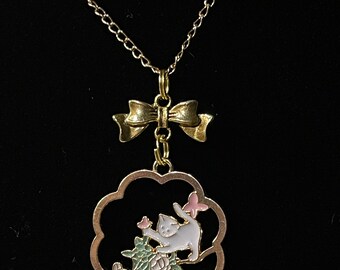 Cat Playing amongst the Leaves and Blossoms Bow Enamel Pendant Necklace with 18” 14k Plated chain Sakura Neko