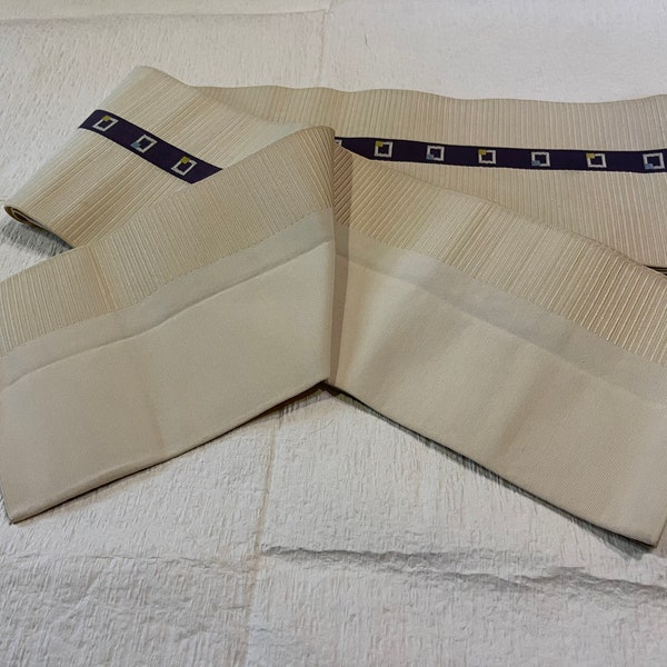 Cream Japanese Hanhaba Obi Purple Stripe and Squares Kimono Belt