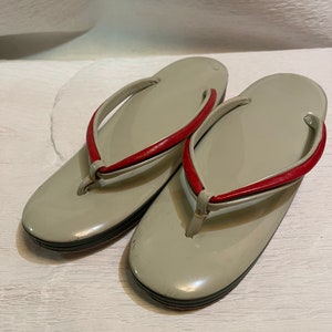 Vintage Japanese Grey Vinyl Zori with Red and Grey Hanao Straps Kimono Shoes