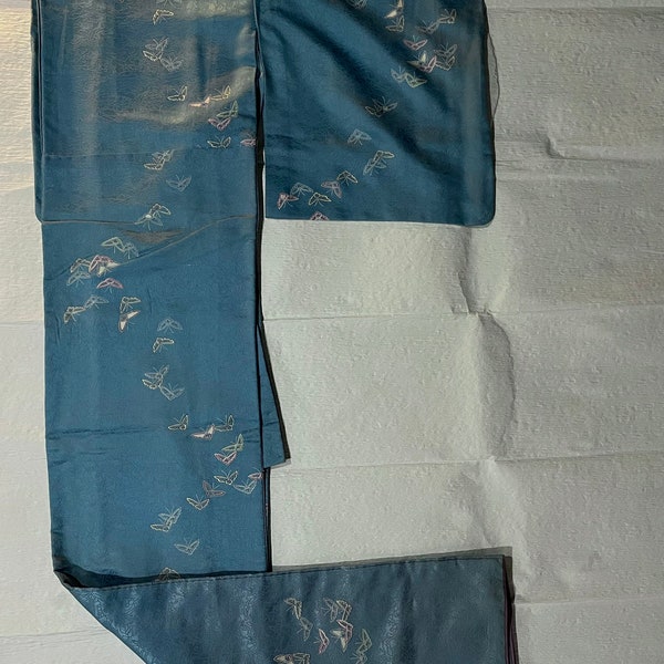 Lovely Blue Traditional Japanese Awase Silk Kimono with abstract under design and Rainbow Butterfly pattern